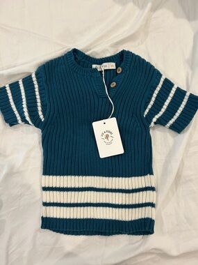 Fin & Vince Teal Ribbed Short Sleeve Sweater Stripes NWT age 2 3 organic cotton
